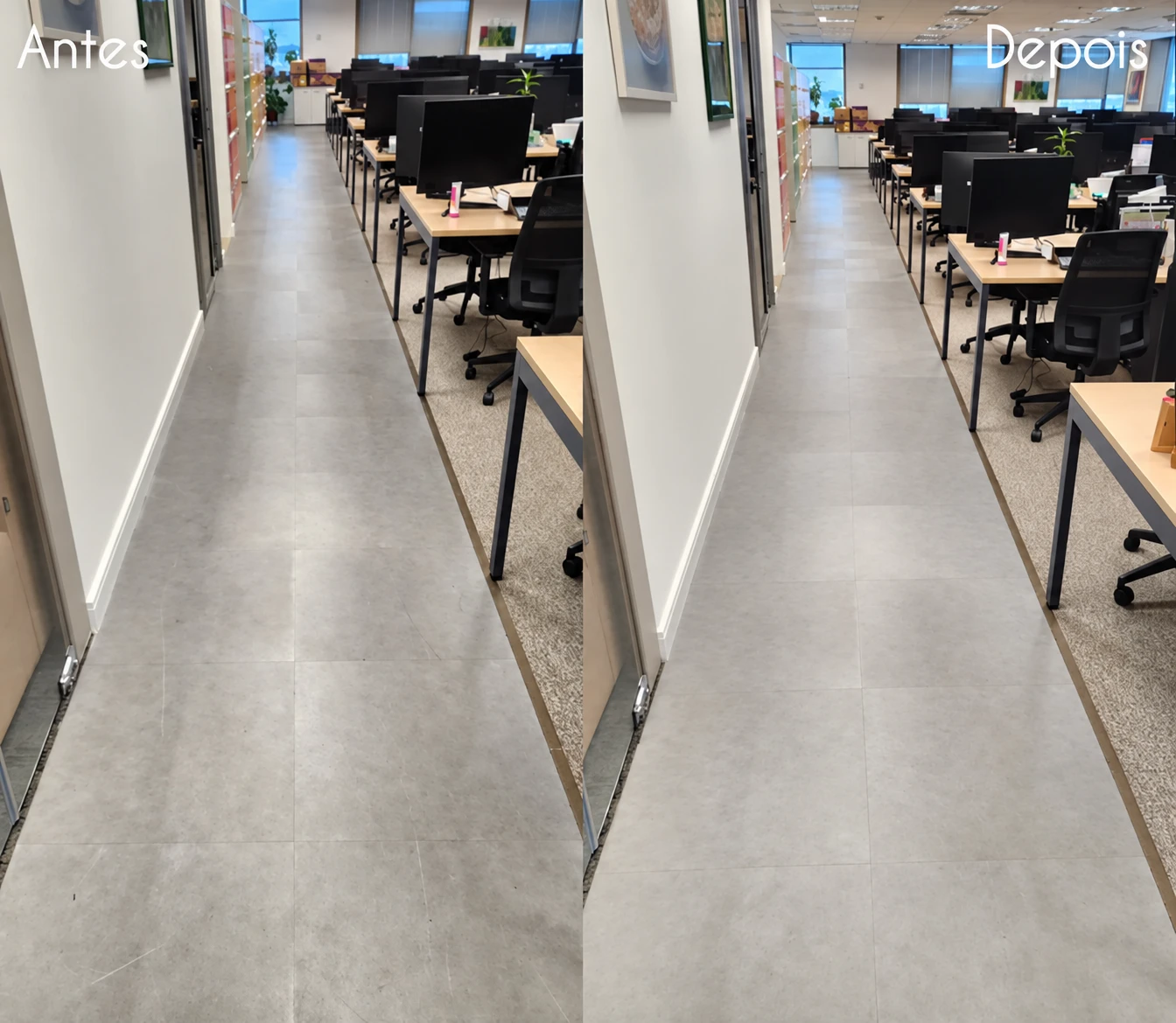 Comparação antes e depois de piso em corredor corporativo